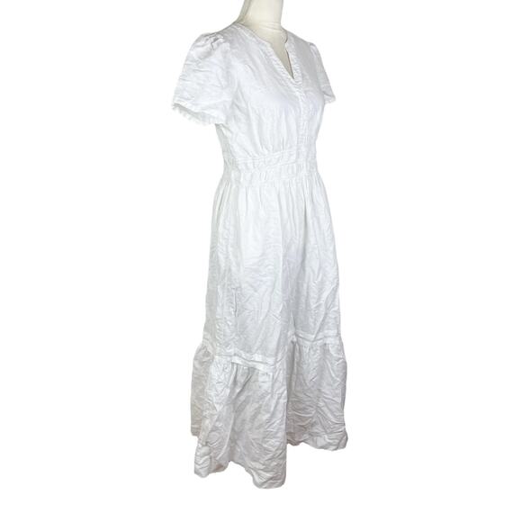 J. McLaughlin White Poplin Linen Cotton Midi Dress Short Sleeve V-Neck Sz Small - Picture 3 of 6